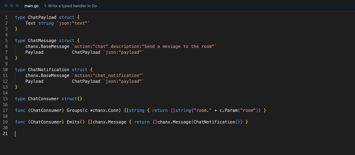A typed Go handler, the AsyncAPI docs chanx-go generates from it, generating a Go client, and the compiler catching a typo